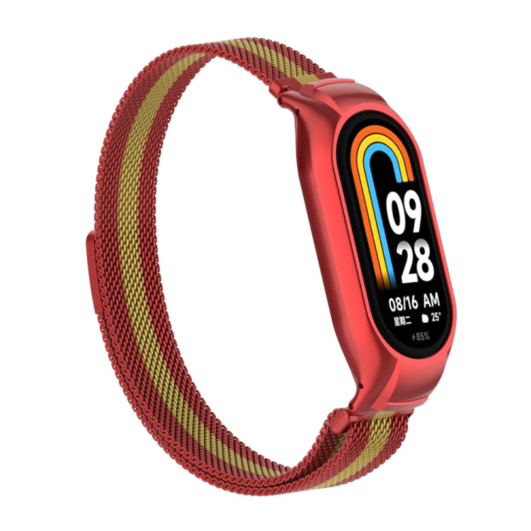For Xiaomi Mi Band 8 Integrated Metal Case + Milanese Magnetic Watch Band(Red+Gold)