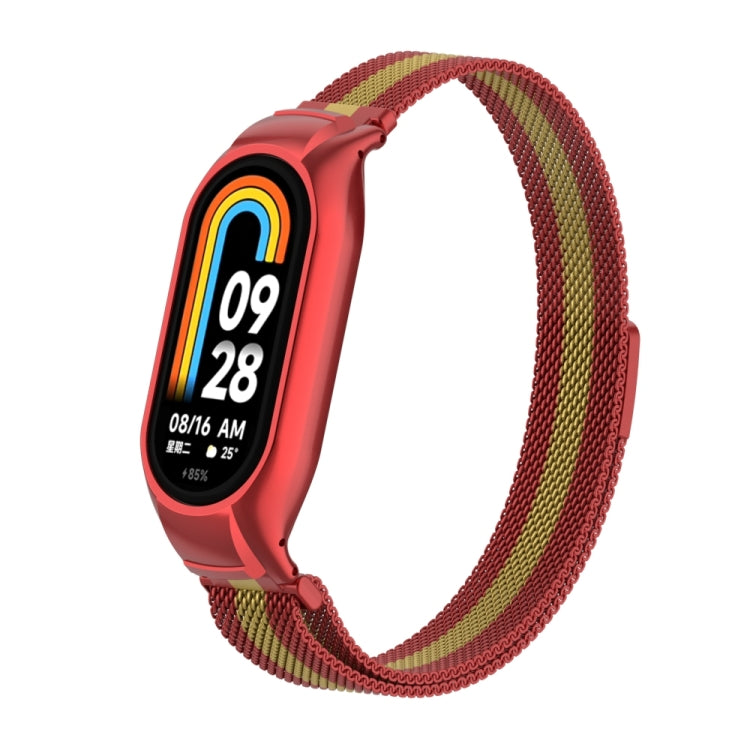 For Xiaomi Mi Band 8 Integrated Metal Case + Milanese Magnetic Watch Band(Red+Gold)