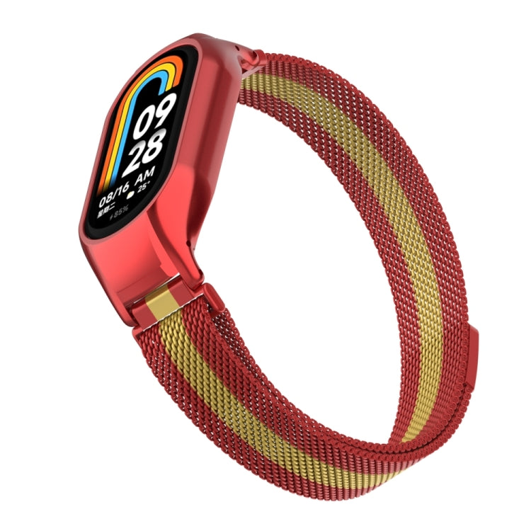 For Xiaomi Mi Band 8 Integrated Metal Case + Milanese Magnetic Watch Band(Red+Gold)