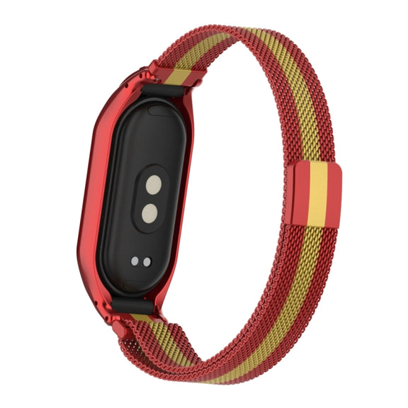 For Xiaomi Mi Band 8 Integrated Metal Case + Milanese Magnetic Watch Band(Red+Gold)