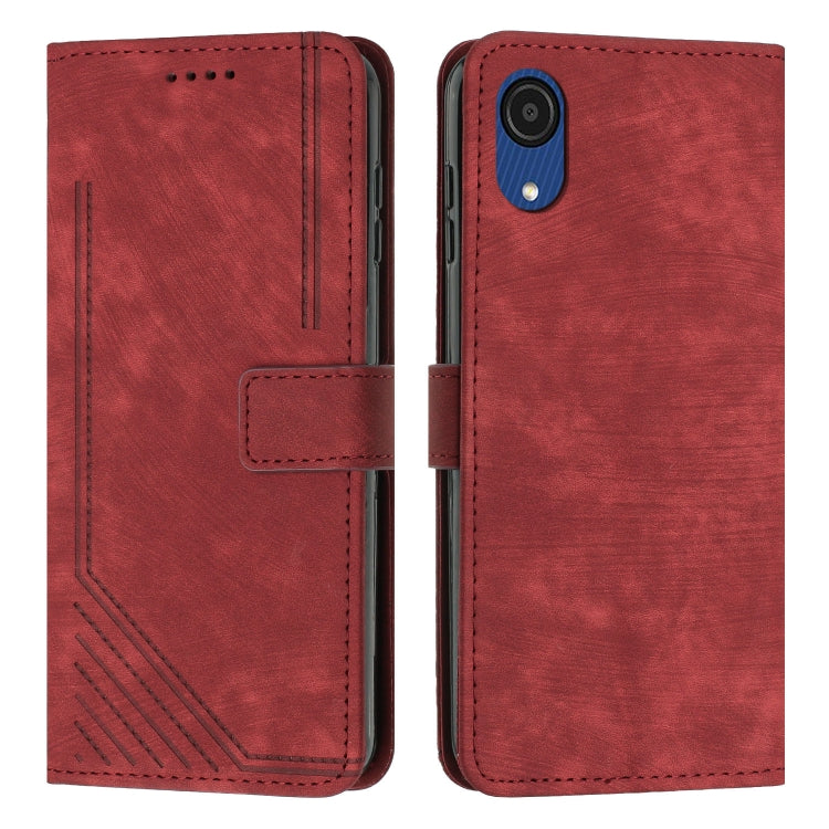 For Samsung Galaxy A03 Core Skin Feel Stripe Pattern Leather Phone Case with Lanyard(Red)