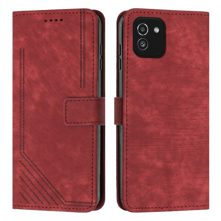 For Samsung Galaxy A03 EU 166mm Skin Feel Stripe Pattern Leather Phone Case with Lanyard(Red)