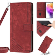 For Samsung Galaxy A03 EU 166mm Skin Feel Stripe Pattern Leather Phone Case with Lanyard(Red)