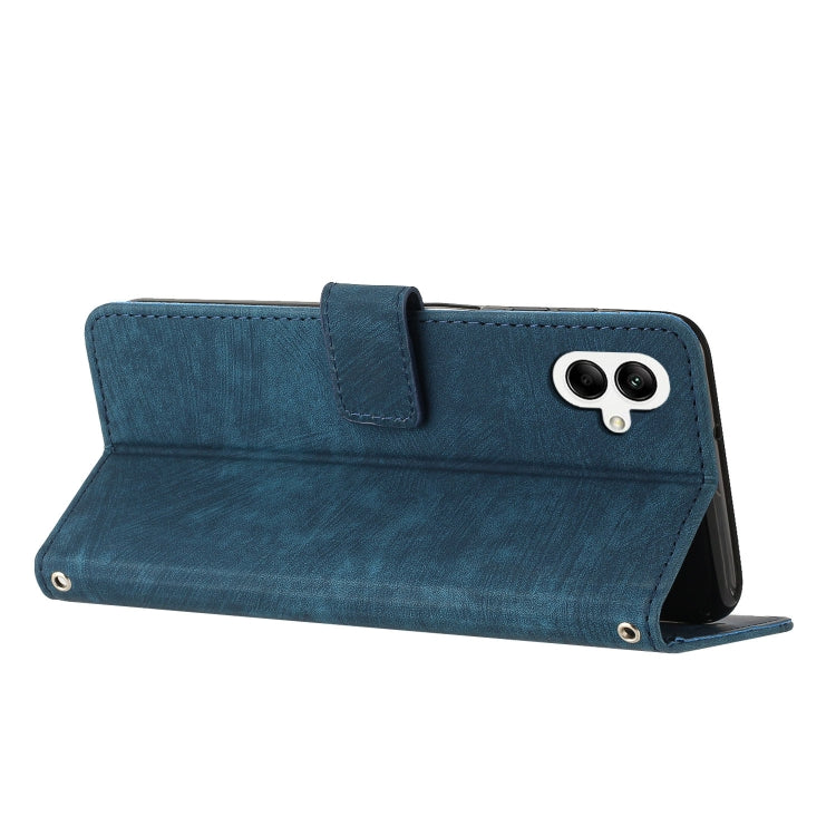 For Samsung Galaxy A04e / F04 Skin Feel Stripe Pattern Leather Phone Case with Lanyard(Blue)