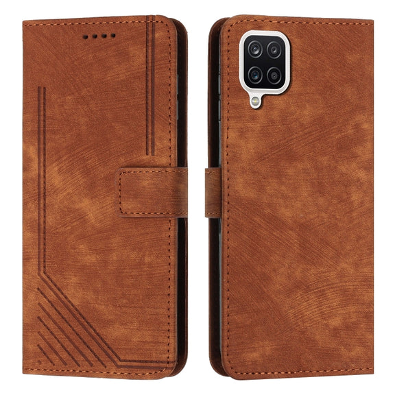 For Samsung Galaxy A12 4G / M12 / F12 4G Skin Feel Stripe Pattern Leather Phone Case with Lanyard(Brown)