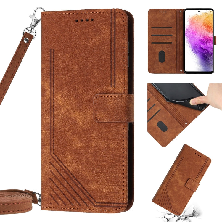 For Samsung Galaxy A14 5G Skin Feel Stripe Pattern Leather Phone Case with Lanyard(Brown)