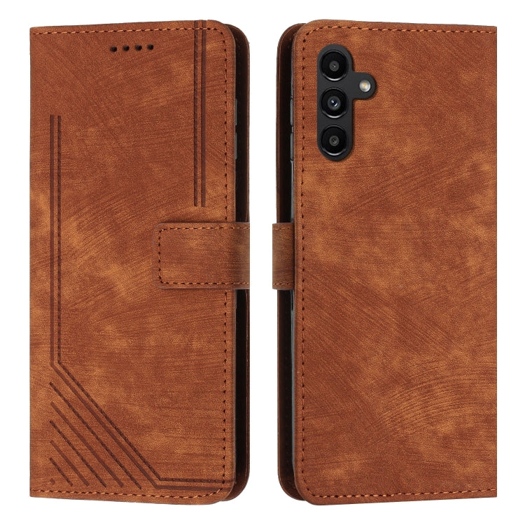 For Samsung Galaxy A14 5G Skin Feel Stripe Pattern Leather Phone Case with Lanyard(Brown)