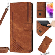 For Samsung Galaxy A14 5G Skin Feel Stripe Pattern Leather Phone Case with Lanyard(Brown)