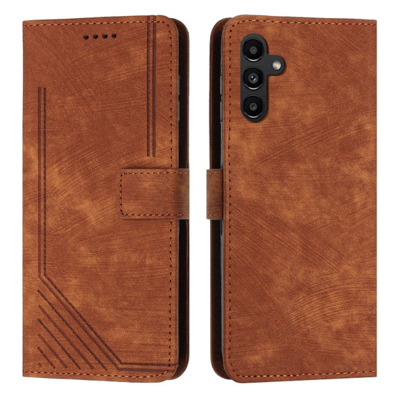 For Samsung Galaxy A14 5G Skin Feel Stripe Pattern Leather Phone Case with Lanyard(Brown)