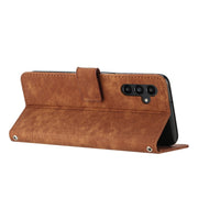 For Samsung Galaxy A14 5G Skin Feel Stripe Pattern Leather Phone Case with Lanyard(Brown)