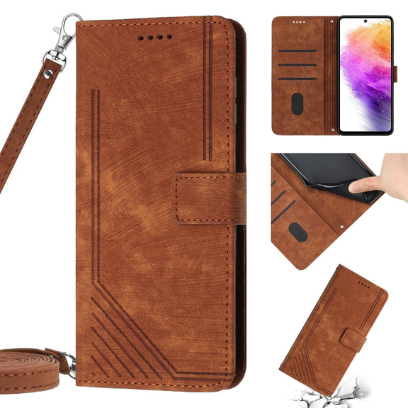 For Samsung Galaxy A14 5G Skin Feel Stripe Pattern Leather Phone Case with Lanyard(Brown)