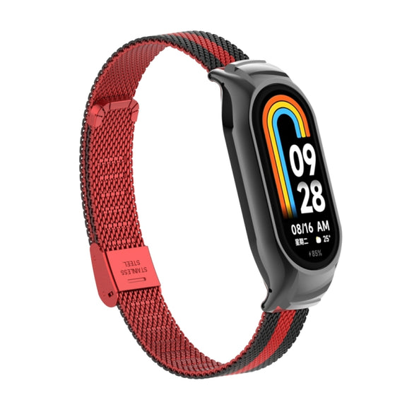 For Xiaomi Mi Band 8 Integrated Metal Case + Steel Mesh Buckle Watch Band(Black+Red)