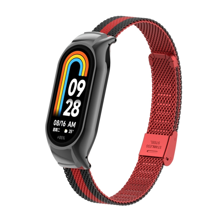 For Xiaomi Mi Band 8 Integrated Metal Case + Steel Mesh Buckle Watch Band(Black+Red)