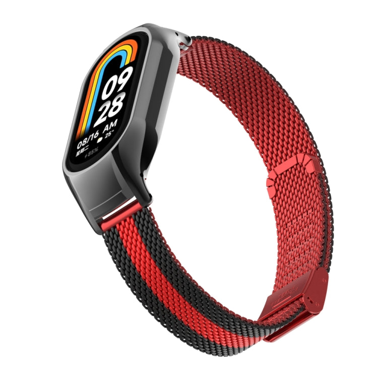 For Xiaomi Mi Band 8 Integrated Metal Case + Steel Mesh Buckle Watch Band(Black+Red)