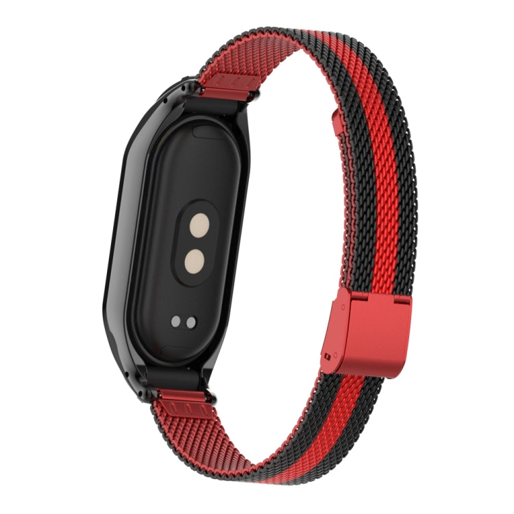 For Xiaomi Mi Band 8 Integrated Metal Case + Steel Mesh Buckle Watch Band(Black+Red)