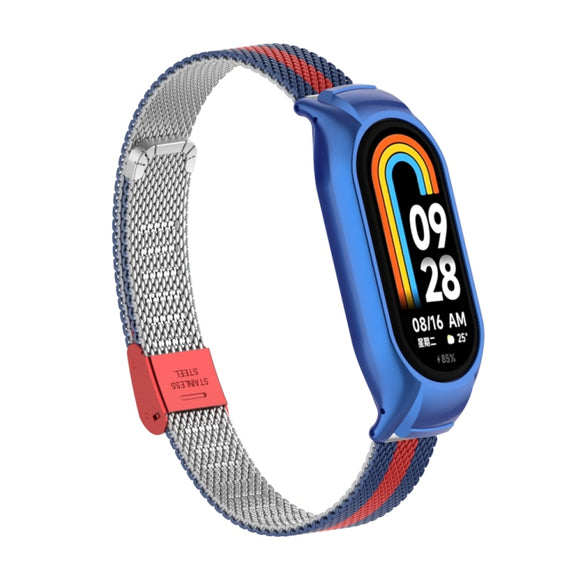 For Xiaomi Mi Band 8 Integrated Metal Case + Steel Mesh Buckle Watch Band(Blue+Red)