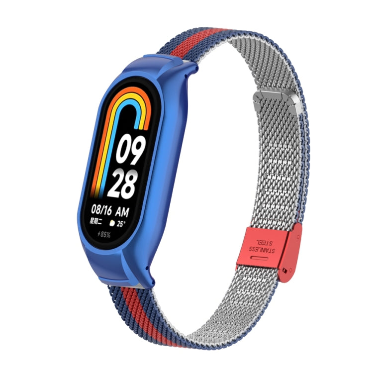 For Xiaomi Mi Band 8 Integrated Metal Case + Steel Mesh Buckle Watch Band(Blue+Red)
