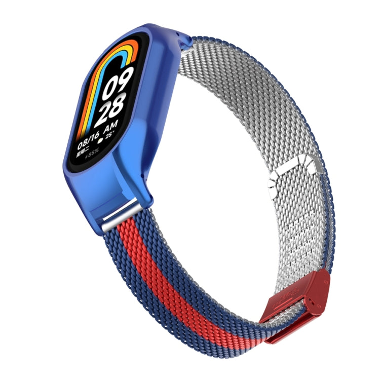 For Xiaomi Mi Band 8 Integrated Metal Case + Steel Mesh Buckle Watch Band(Blue+Red)