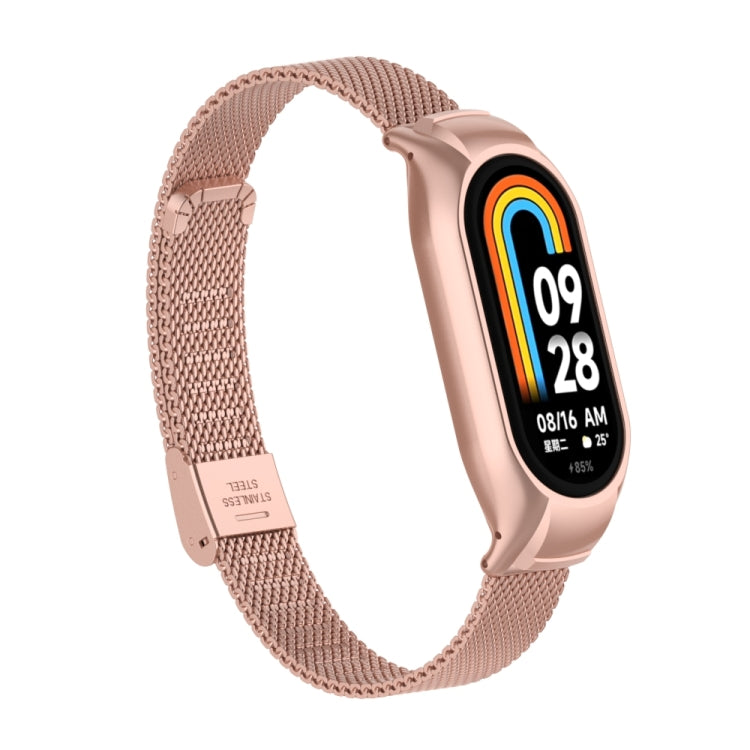 For Xiaomi Mi Band 8 Integrated Metal Case + Steel Mesh Buckle Watch Band(Rose Red)