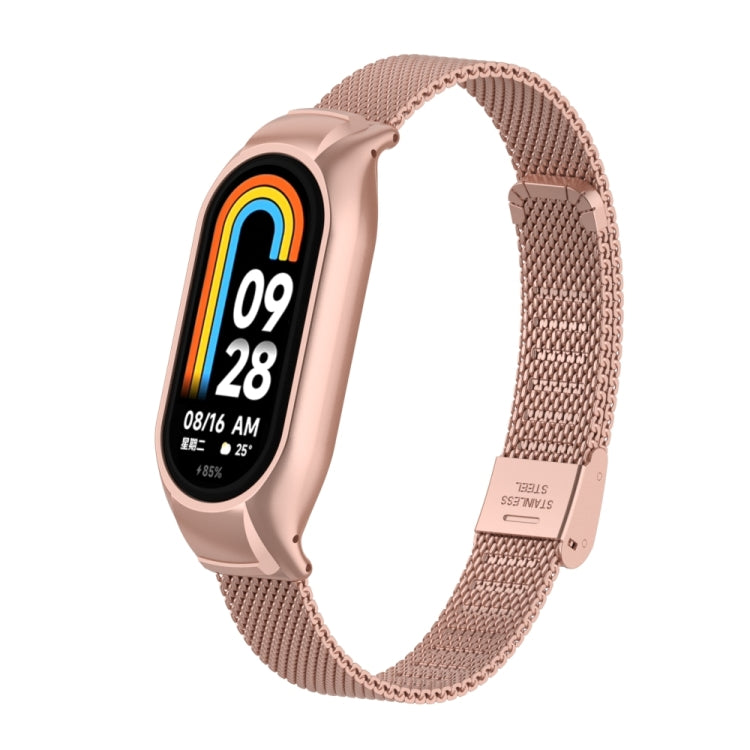 For Xiaomi Mi Band 8 Integrated Metal Case + Steel Mesh Buckle Watch Band(Rose Red)