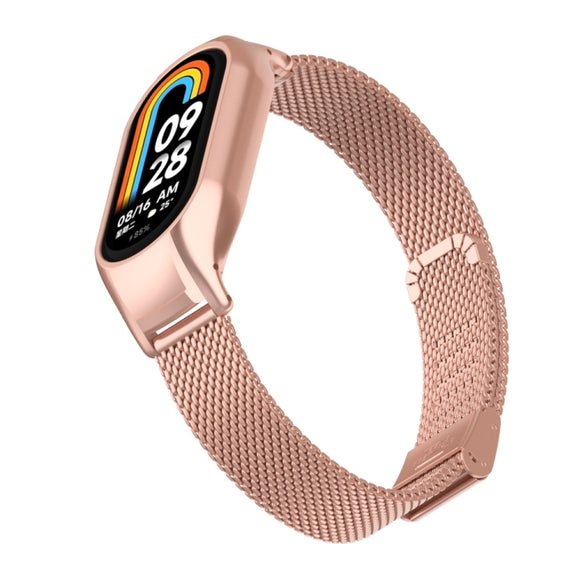 For Xiaomi Mi Band 8 Integrated Metal Case + Steel Mesh Buckle Watch Band(Rose Red)