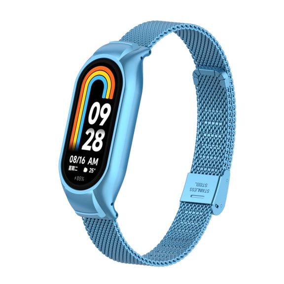 For Xiaomi Mi Band 8 Integrated Metal Case + Steel Mesh Buckle Watch Band(Sky Blue)