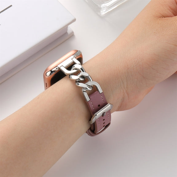 Chain Genuine Leather Watch Band For Apple Watch Series 8&7 41mm / SE 2&6&SE&5&4 40mm / 3&2&1 38mm, Size:S(Bean Paste)
