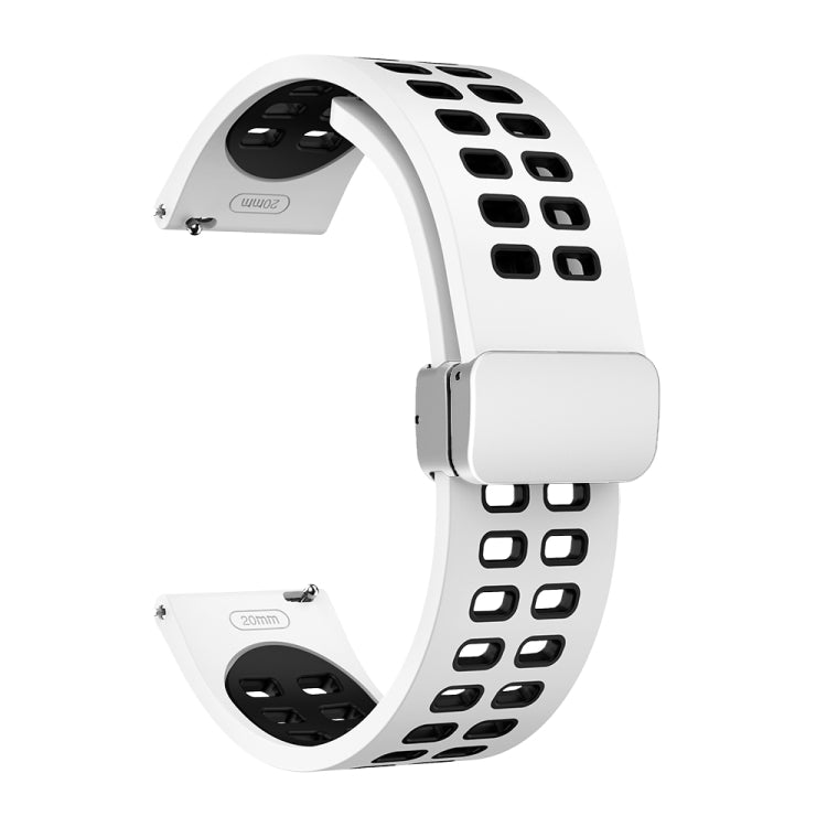20mm Double-row Hole Folding Silver Buckle Two-color Silicone Watch Band(White Black)