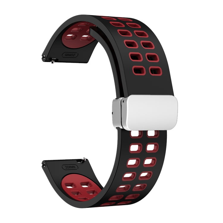 20mm Double-row Hole Folding Silver Buckle Two-color Silicone Watch Band(Black Red)