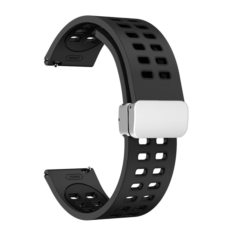 20mm Double-row Hole Folding Silver Buckle Two-color Silicone Watch Band(Black)