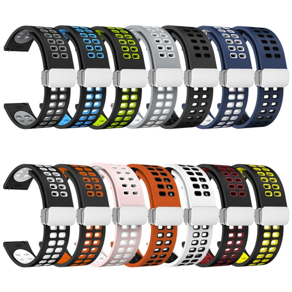 22mm Double-row Hole Folding Silver Buckle Two-color Silicone Watch Band(Black Green)
