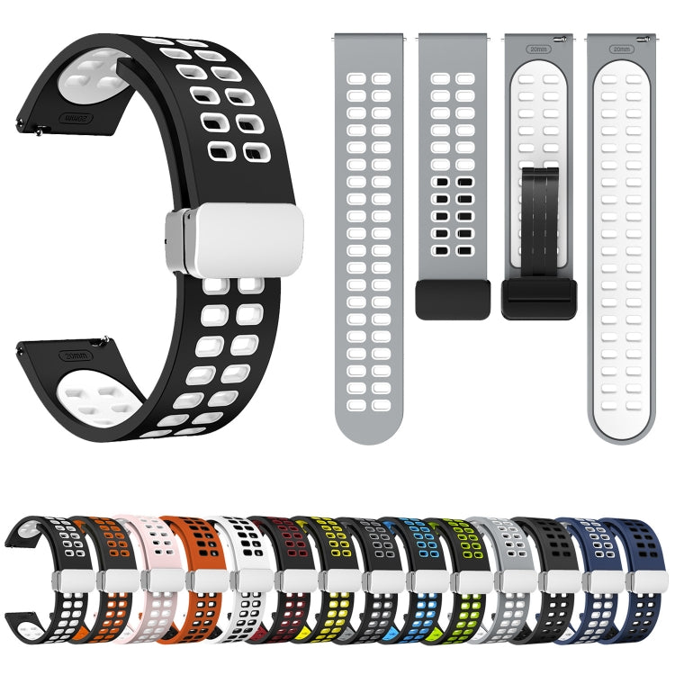 20mm Double-row Hole Folding Silver Buckle Two-color Silicone Watch Band(Midnight Blue Black)
