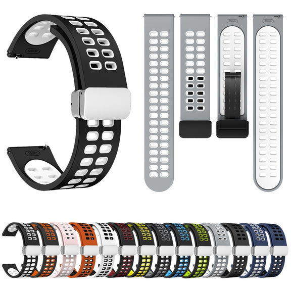 20mm Double-row Hole Folding Silver Buckle Two-color Silicone Watch Band(Pink White)