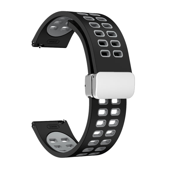 22mm Double-row Hole Folding Silver Buckle Two-color Silicone Watch Band(Black Grey)