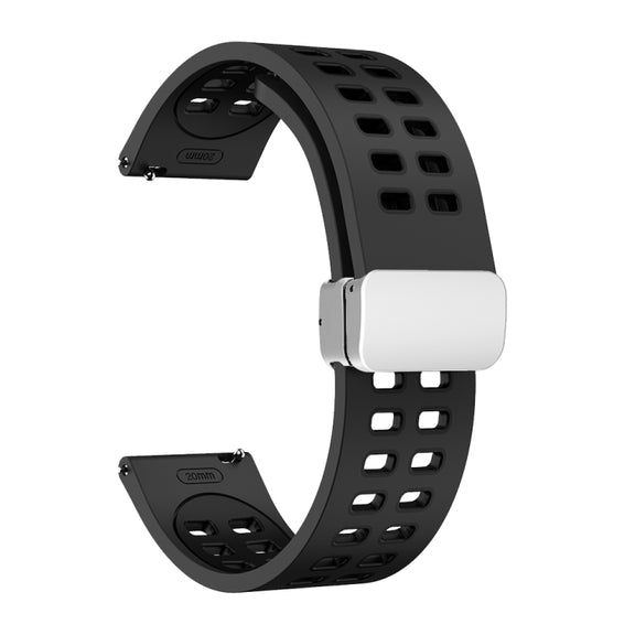 22mm Double-row Hole Folding Silver Buckle Two-color Silicone Watch Band(Black)