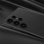 For Samsung Galaxy S23 Ultra 5G GKK Triumph Ultra-Thin Plain Leather Phone Case with Holder(Carbon Fiber)