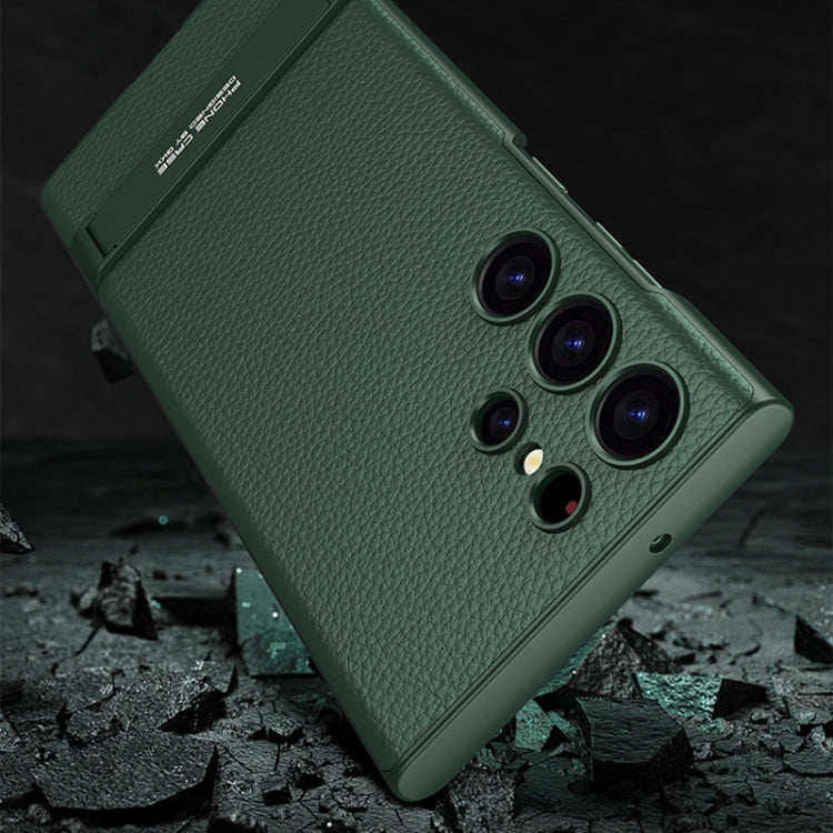 For Samsung Galaxy S23 Ultra 5G GKK Triumph Ultra-Thin Plain Leather Phone Case with Holder(Carbon Fiber)