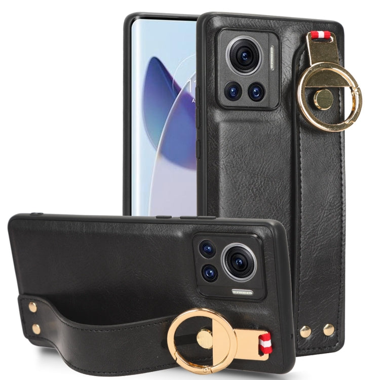 For Motorola Edge 30 Ultra Wristband Leather Back Phone Case(Black)