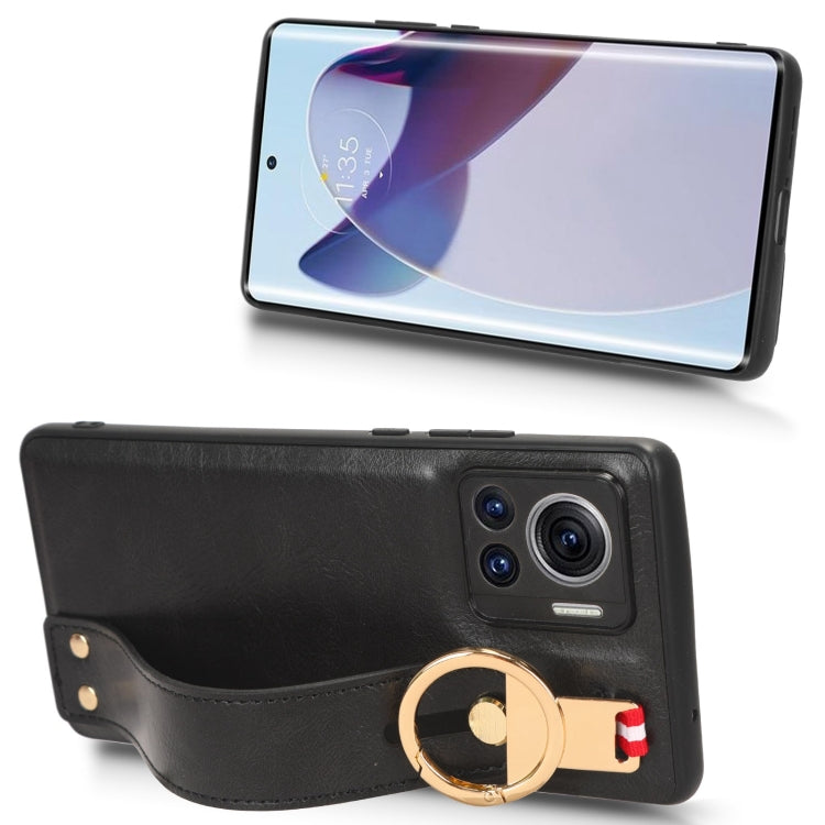 For Motorola Edge 30 Ultra Wristband Leather Back Phone Case(Black)
