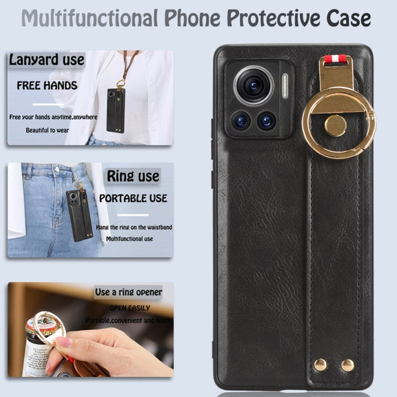 For Motorola Edge 30 Ultra Wristband Leather Back Phone Case(Black)