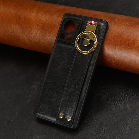 For Motorola Edge 30 Ultra Wristband Leather Back Phone Case(Black)