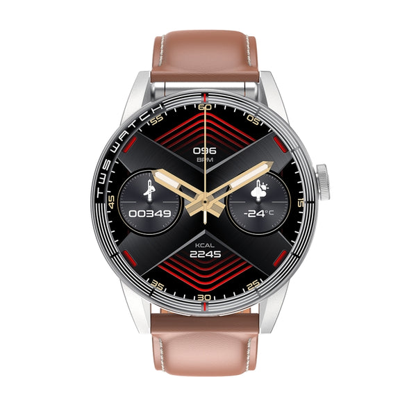 R6 1.32 inch Round Screen 2 in 1 Bluetooth Earphone Smart Watch, Support Bluetooth Call / Wellness Tracking(Brown Leather Strap)