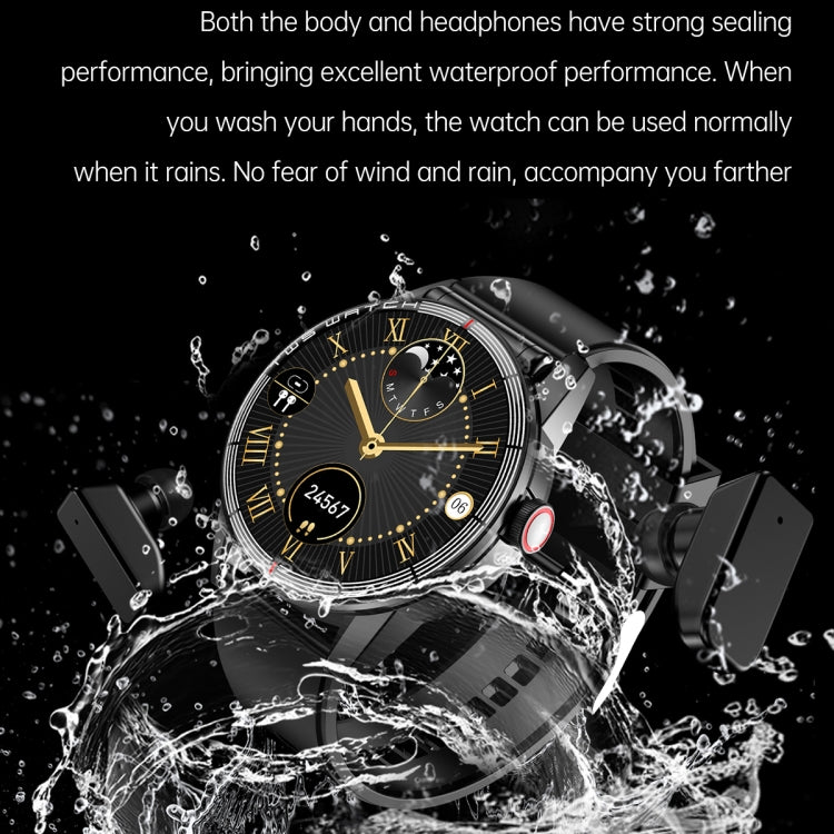 R6 1.32 inch Round Screen 2 in 1 Bluetooth Earphone Smart Watch, Support Bluetooth Call / Wellness Tracking(Black Leather Strap)