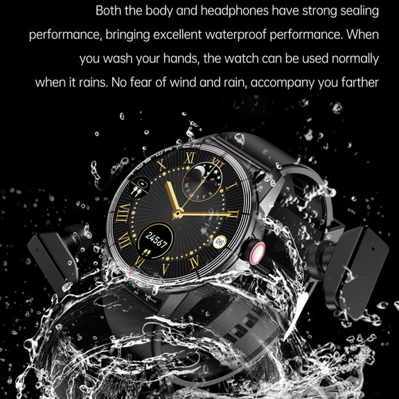 R6 1.32 inch Round Screen 2 in 1 Bluetooth Earphone Smart Watch, Support Bluetooth Call / Wellness Tracking(Black Leather Strap)