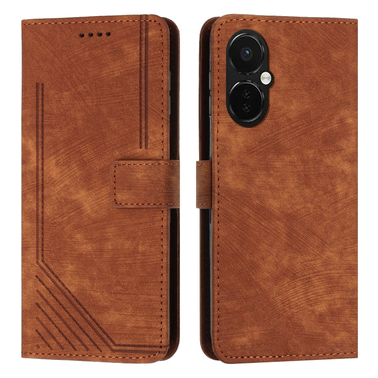 For OnePlus Nord CE 3/Nord CE 3 Lite/Nord N30 Skin Feel Stripe Pattern Leather Phone Case with Lanyard(Brown)
