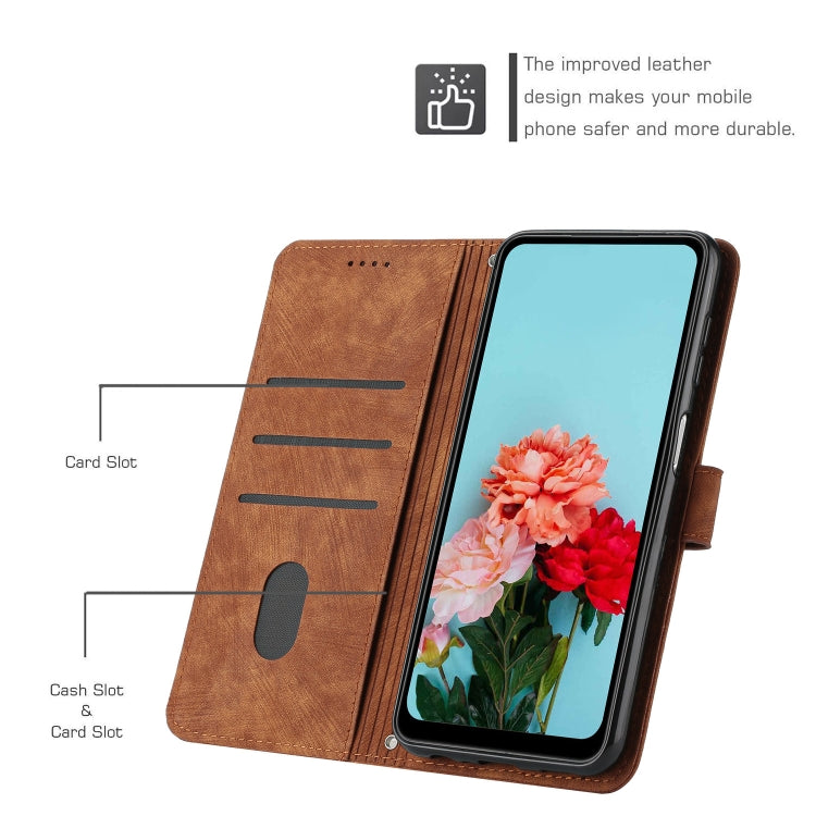 For Tecno Spark 10 Pro Skin Feel Stripe Pattern Leather Phone Case with Lanyard(Brown)