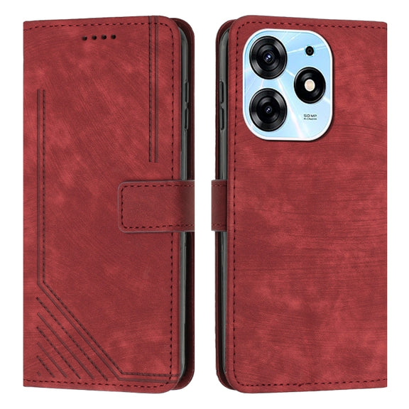 For Tecno Spark 10 Pro Skin Feel Stripe Pattern Leather Phone Case with Lanyard(Red)