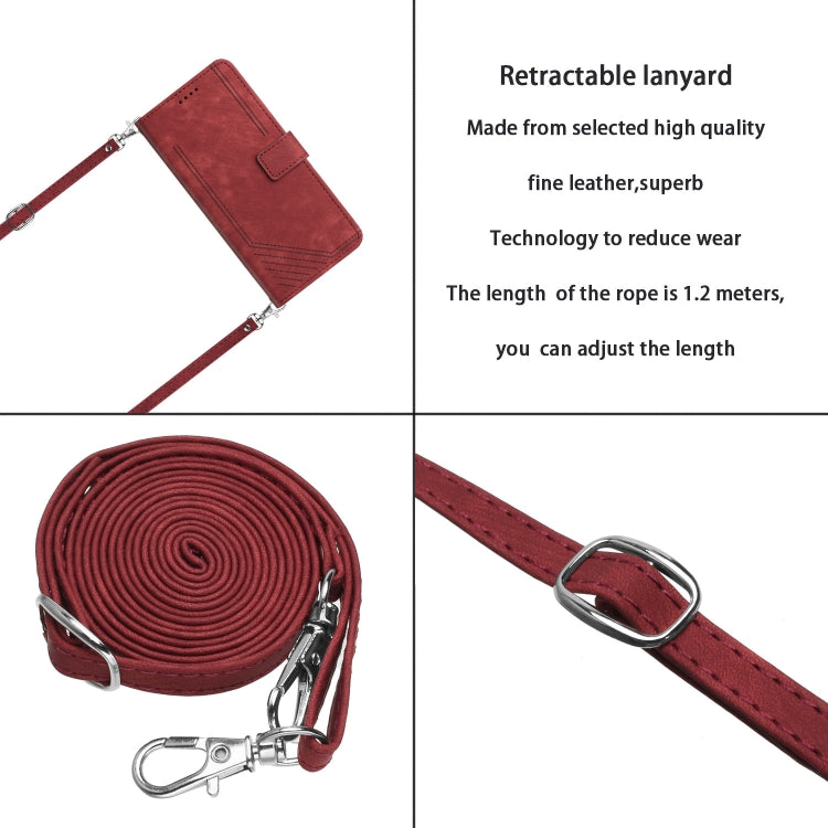 For Tecno Spark 10 Pro Skin Feel Stripe Pattern Leather Phone Case with Lanyard(Red)