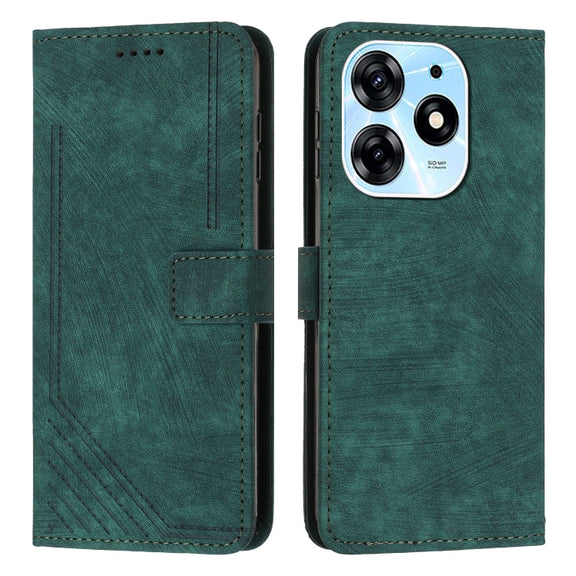 For Tecno Spark 10 Pro Skin Feel Stripe Pattern Leather Phone Case with Lanyard(Green)