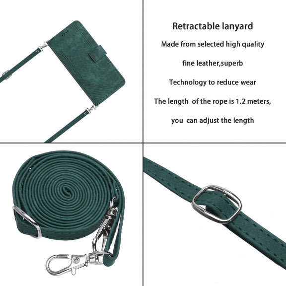 For Tecno Spark 10 Pro Skin Feel Stripe Pattern Leather Phone Case with Lanyard(Green)